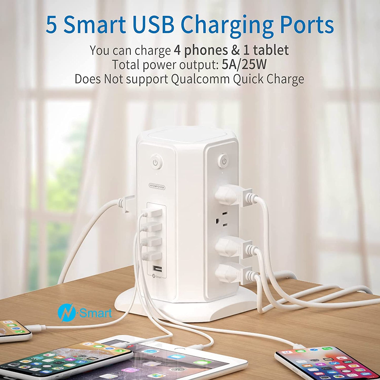 Power Strip Tower Surge Protector, 8 Outlet 5 USB Desktop Charging Station 1625W 13A, 6Ft Extension Cord Flat Plug, Individual Switches, 1080 Joules, Overload Protection for Home Office