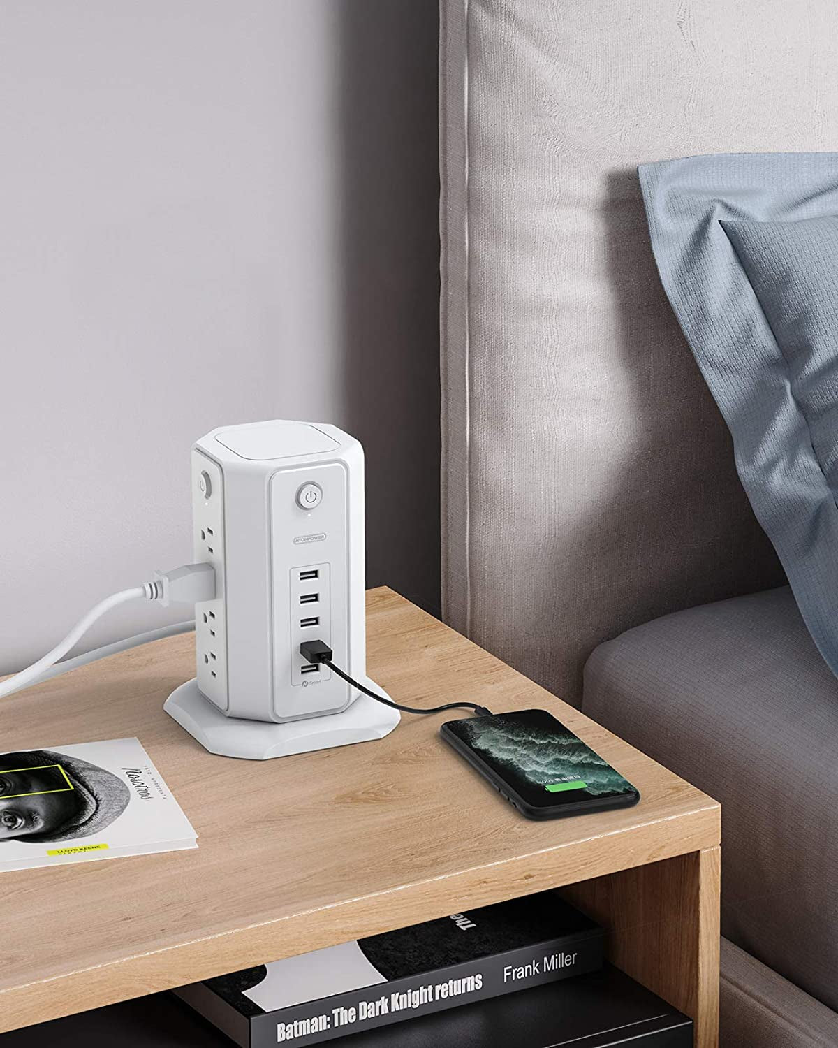 Power Strip Tower Surge Protector, 8 Outlet 5 USB Desktop Charging Station 1625W 13A, 6Ft Extension Cord Flat Plug, Individual Switches, 1080 Joules, Overload Protection for Home Office