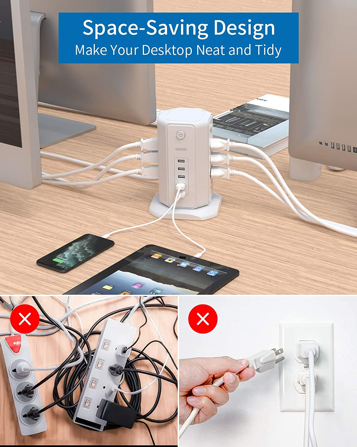 Power Strip Tower Surge Protector, 8 Outlet 5 USB Desktop Charging Station 1625W 13A, 6Ft Extension Cord Flat Plug, Individual Switches, 1080 Joules, Overload Protection for Home Office