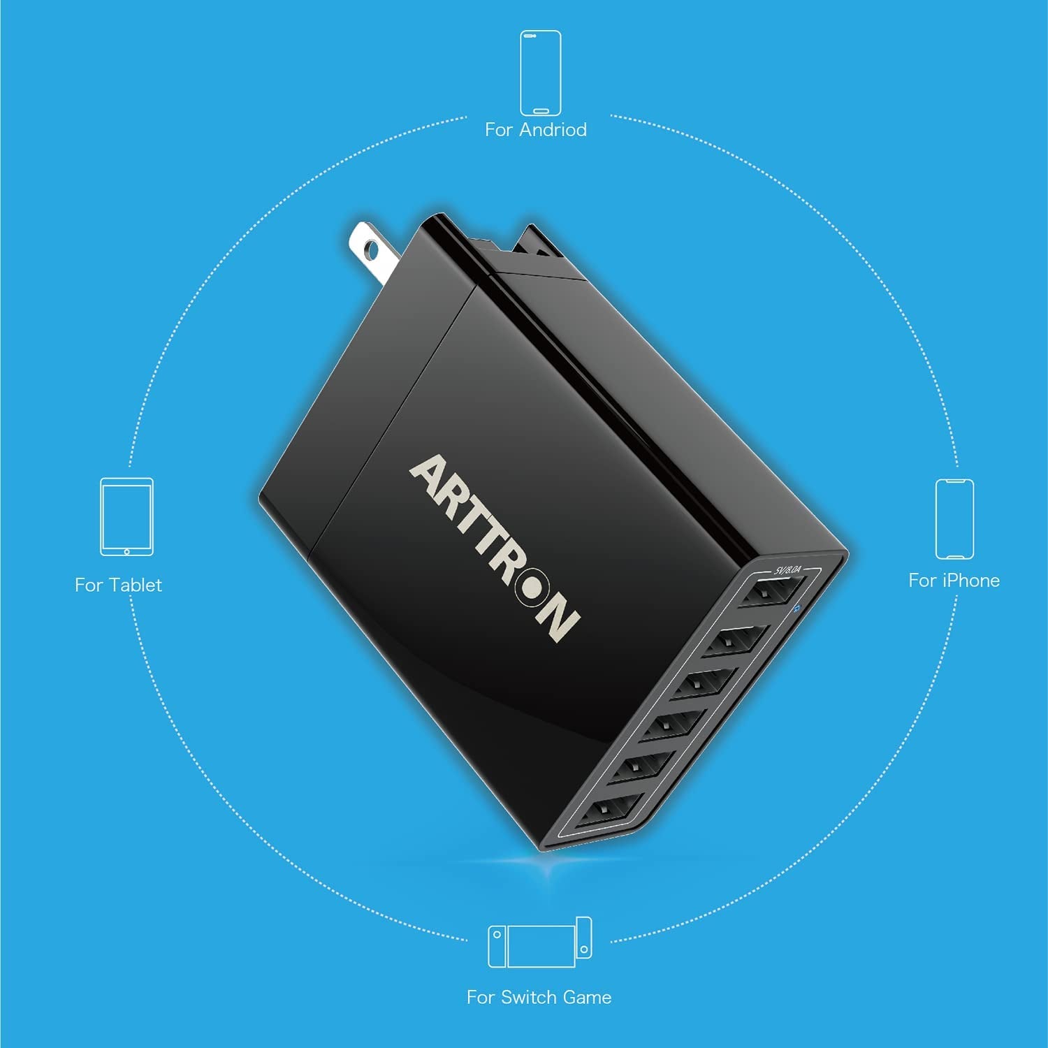 USB Wall Charger Adapter,  40W 6-Port Foldable Wall Plug Multiport Charger for Iphone Ipad Tablets Smartphones, Home Office Use