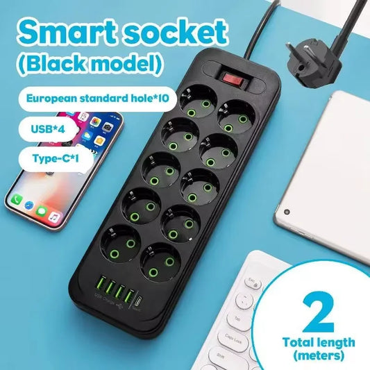 EU Plug AC Outlet Power Strip Multitap Extension Cord Electrical Socket with 4 USB Ports Fast Charge Multiprise Network Filter