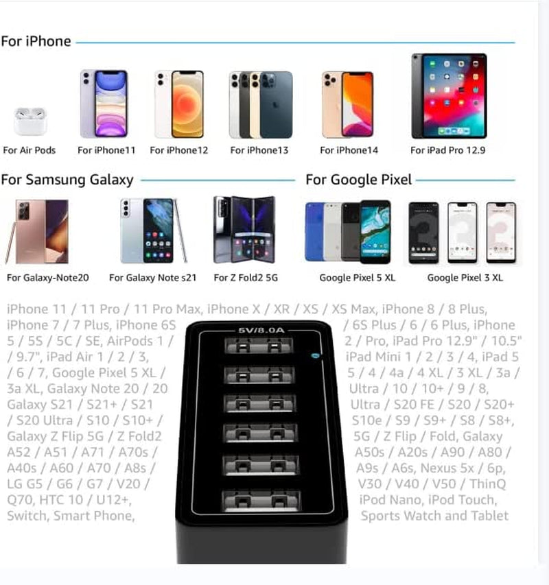USB Wall Charger Adapter,  40W 6-Port Foldable Wall Plug Multiport Charger for Iphone Ipad Tablets Smartphones, Home Office Use