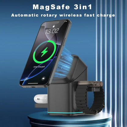 3 in 1 Charging Station Iphone Mag-Safe Charger, Rotating Wireless Charger Stand for Iphone 12~16 Series,Iwatch, Airpods