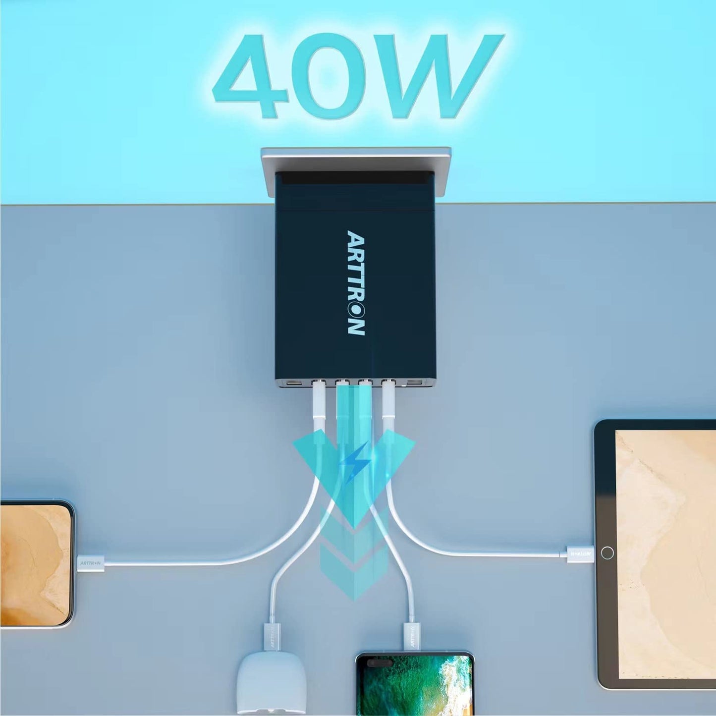USB Wall Charger Adapter,  40W 6-Port Foldable Wall Plug Multiport Charger for Iphone Ipad Tablets Smartphones, Home Office Use